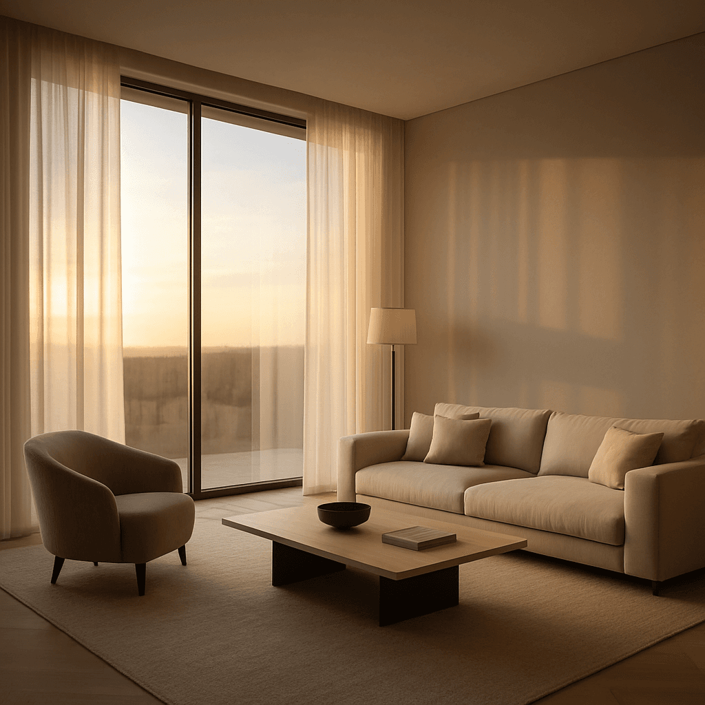 Sala de estar sofisticada com cortinas e persianas elegantes