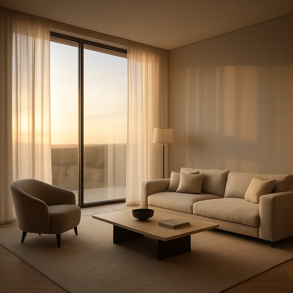 Sala de estar sofisticada com cortinas e persianas elegantes